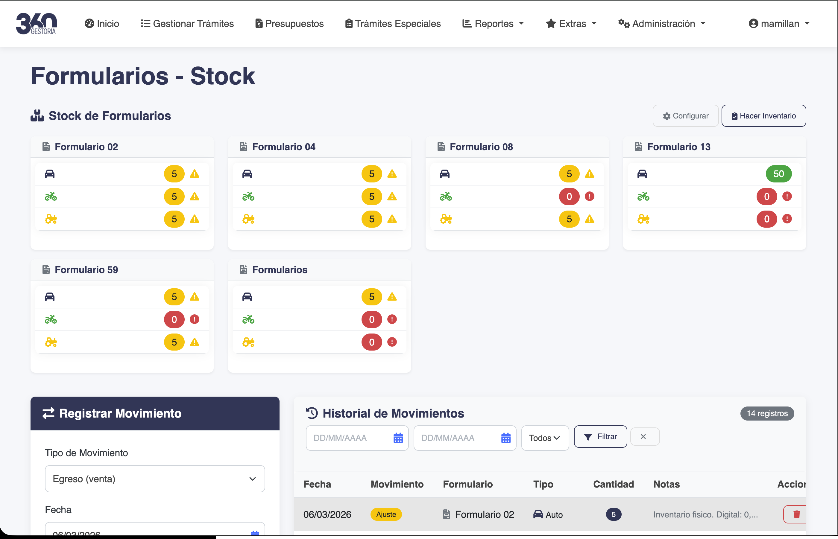 Stock de Formularios en Gestoria 360